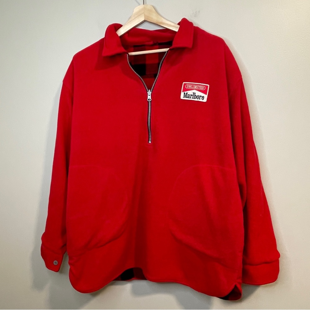 Vintage Marlboro Fleece Half-Zip Outdoor Jacket - Reversible Plaid - 1990s